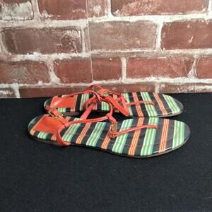 Tory Burch Emmy Striped Patent Leather Sandals Women's 9 Multi-Color Orange